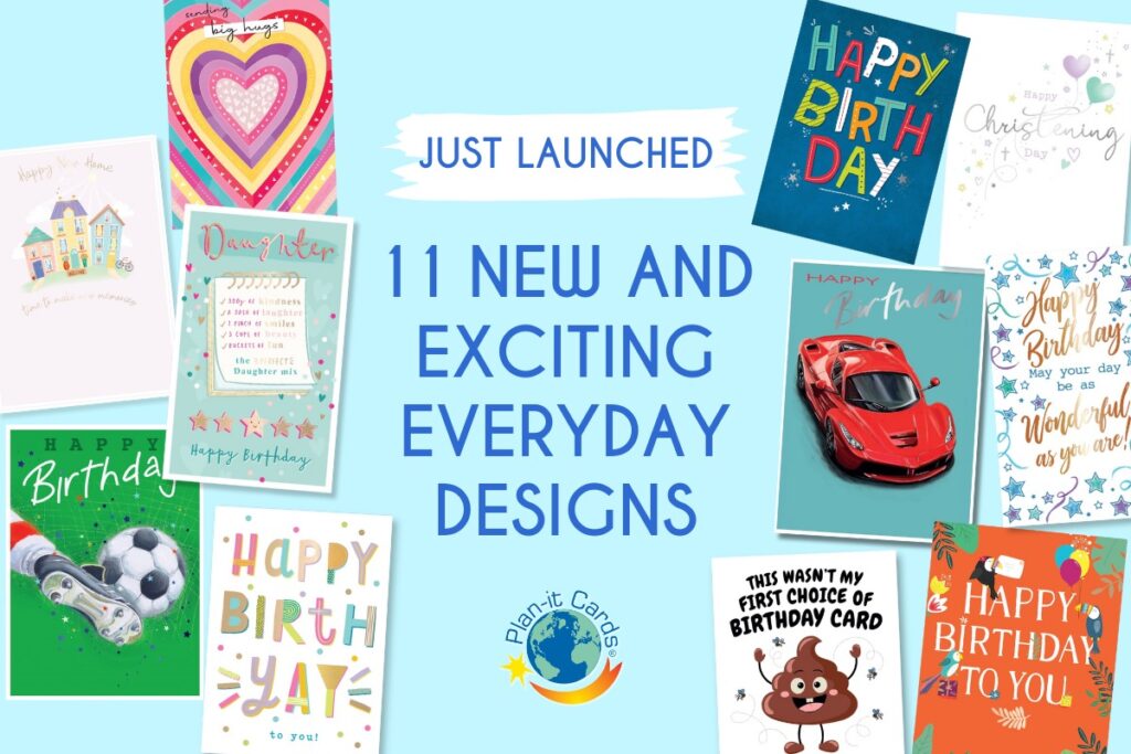 Image of the 11 new designs being launched in October 2024 by Plan-It Cards.